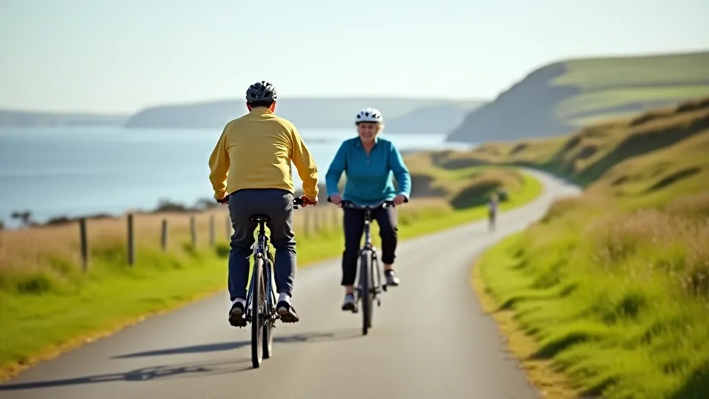 Mature cyclists riding together on a flat coastal path in Ireland