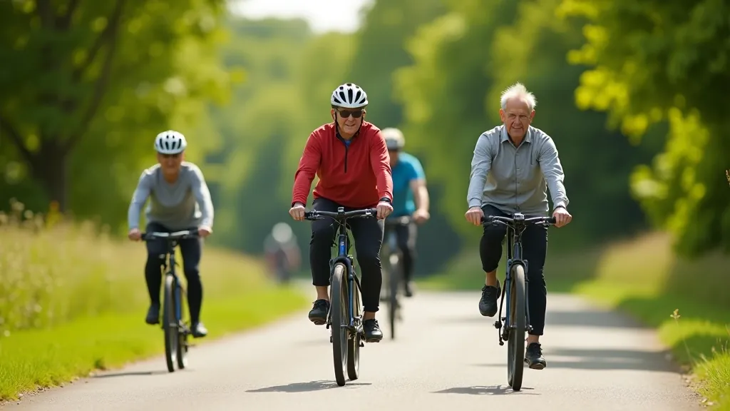 Group of senior cyclists riding together on a wide flat cycling path, enjoying conversation while pedaling