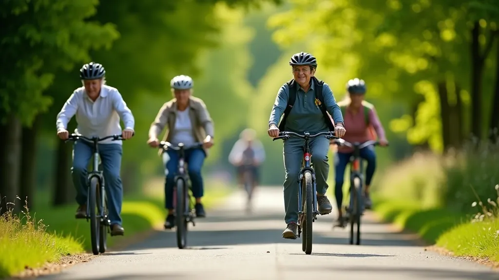 Group of older cyclists riding together on country road in casual cycling gear