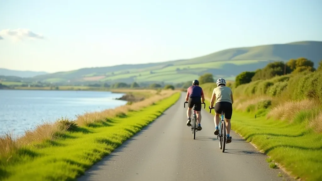 Peaceful flat cycling path alongside water with distant hills, perfect for senior cyclists at comfortable pace