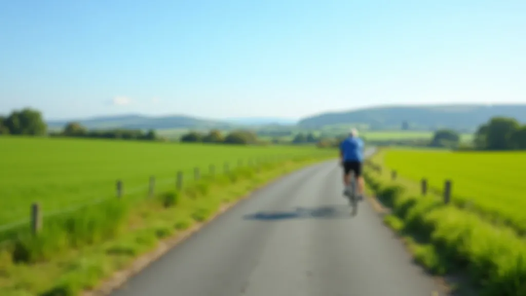 Scenic cycling path through green countryside with blue sky and gentle terrain