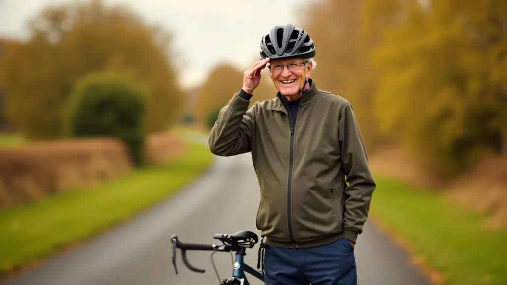 Senior cyclist wearing safety gear on scenic cycling path