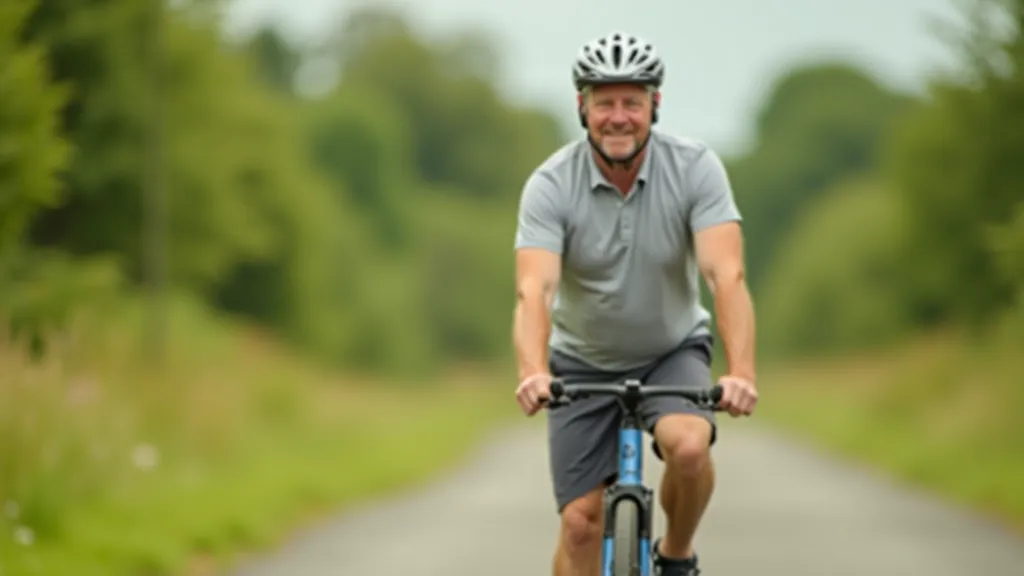 Senior man riding hybrid bicycle on a paved flat trail, wearing helmet and casual clothing, peaceful scenic route with trees