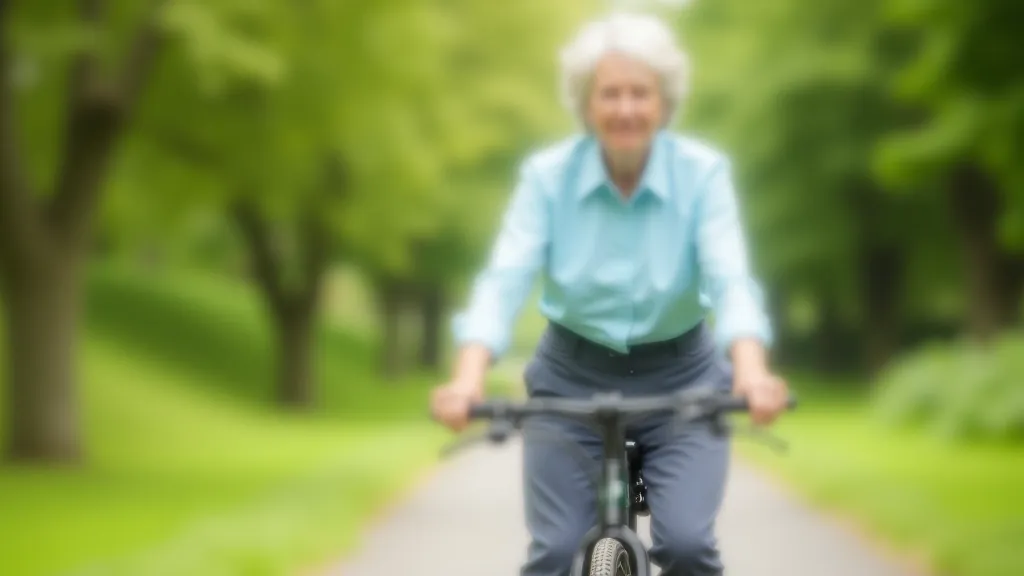 Senior woman in casual clothing standing over a low-step frame bicycle, feet flat on ground, outdoor park setting with trees, portrait from chest down showing frame clearance
