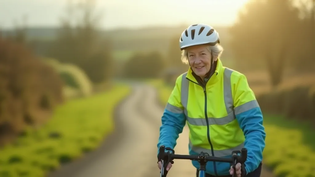 Senior cyclist wearing bright yellow safety vest and helmet with reflective markings, standing with bike on country path