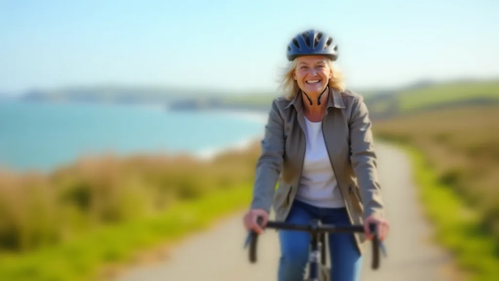 Senior woman cyclist enjoying peaceful ride on flat trail