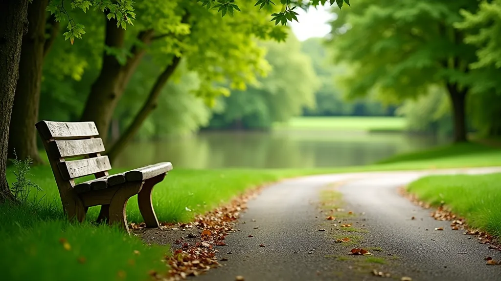 Wooden bench under trees beside cycling path, overlooking water, peaceful resting spot with shade